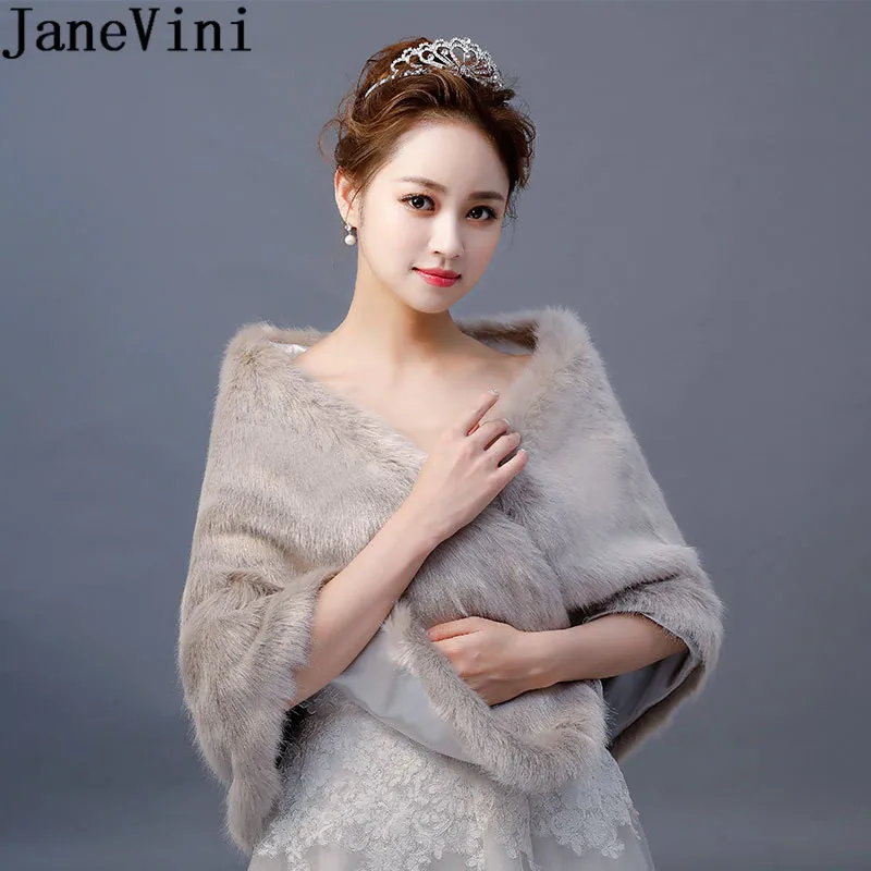 JaneVini Gray Women Faux Fur Bolero Hochzeit Winter Fur Wrap Stole Warm Black Bridal Capes Shawl Coat For Wedding Accessories