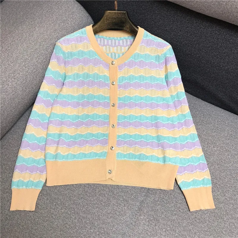 

Luxury Designer Brand Knitted Cardigans for Women O Neck Wavy Colorful Pattern Color Matching Weaving Knitted Sweater