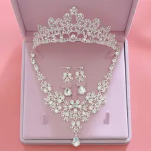 Сверкающие стразы, свадебные и обручальные ювелирные наборы, серебряная кристальная тиара, серьга с короной, ожерелье, Свадебные Ювелирные наборы для женщин