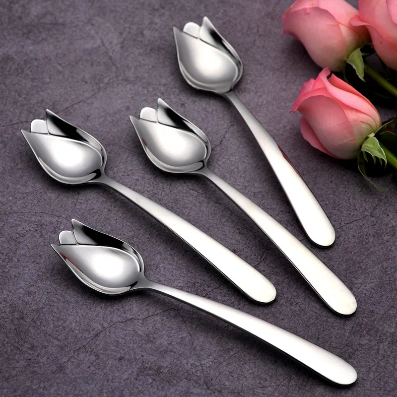 Big Tulip Flower Rose 304 Stainless Steel Coffee Stirring Scoop Dessert Milk Tea Drink Cafe Scoop Teaspoon Tea Dinner Spoon