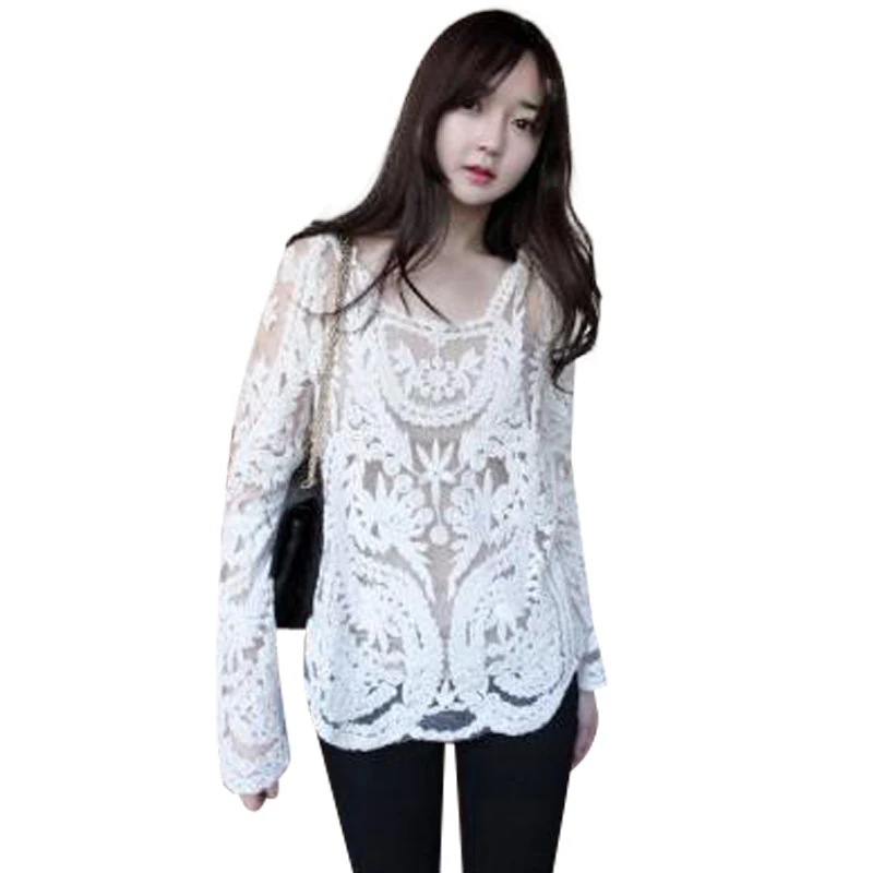 

Women's Semi Sheer Sleeve Embroidery Top Tshirt Plus Size Sexy Lace Floral Crochet Shirt Freeshipping