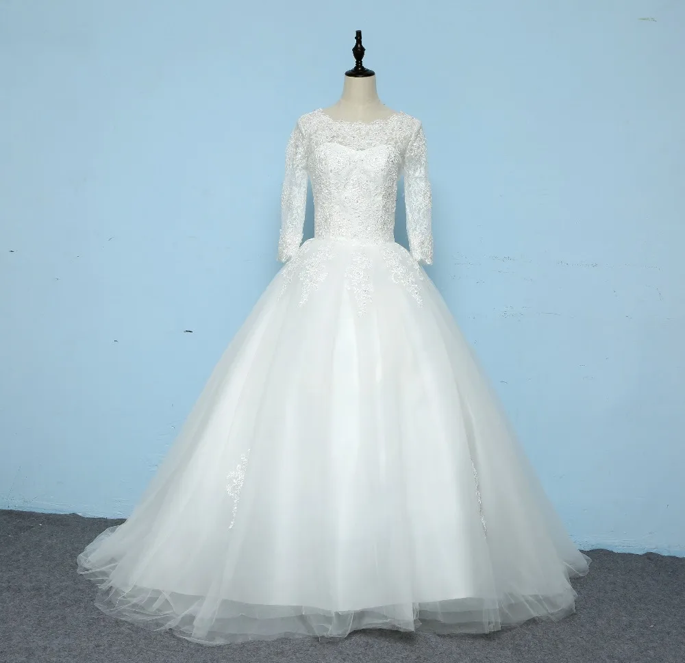 

High Recommend~~Elegant Perspective Cutout Lace Three Quarter Sleeves Small Trailing Wedding Dress 163