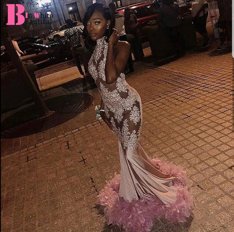 

Beautifulinwhite Sexy Pink Mermaid Prom Dresses 2019 High Neck See Through Appliques Feather Floor Length Evening Gowns BP011