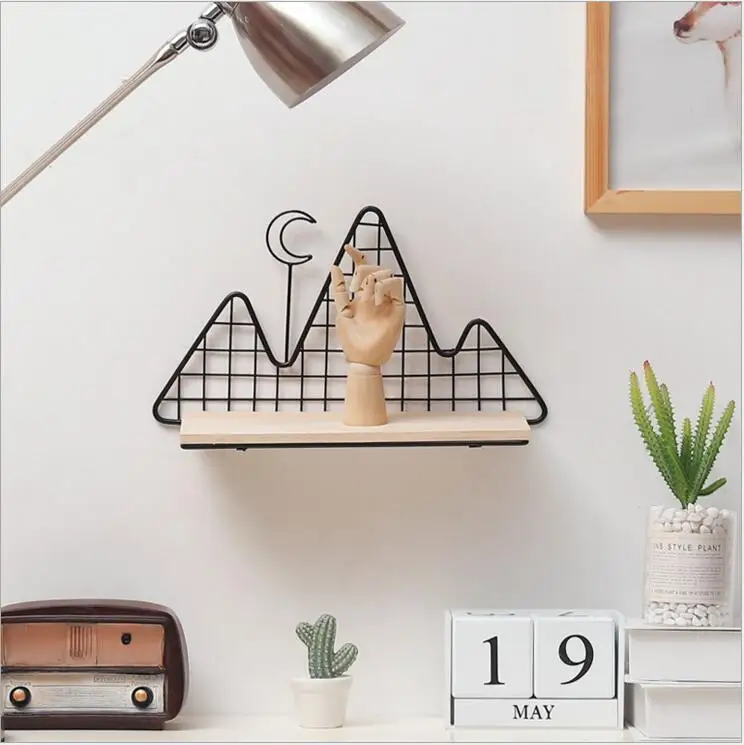 

Moon Shape Metal Wall Rack Iron Flower Vase Holder Multi-use Wooden Wall Sundries Holder Storage Basket Magazine Holder