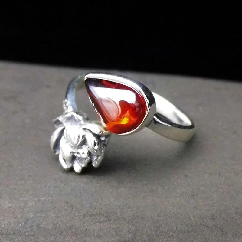 FNJ Панк Цветок лотоса кольцо 925 серебряные ювелирные изделия красный, зеленый камень S925 стерлингового серебра кольца для женщин Регулируемый размер bague - Цвет основного камня: Красный