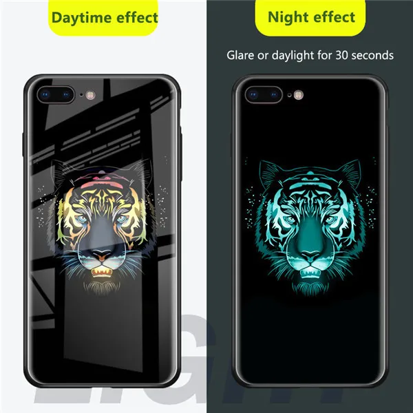 

Hot Tiger Deer Moon Glow in the Dark Glass Cases for iPhone XS MAX XR XS X 8 7 Plus 6 6s Plus Blossom Luminous Black Capa Capa