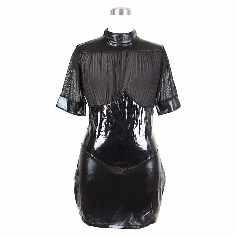 Plus Size Sexy Turtleneck Mesh Transparent Wrapped Dress Fantasias Erotic Wetlook Vinyl Leather Club Kleid Nightdress Robe Femme (2)