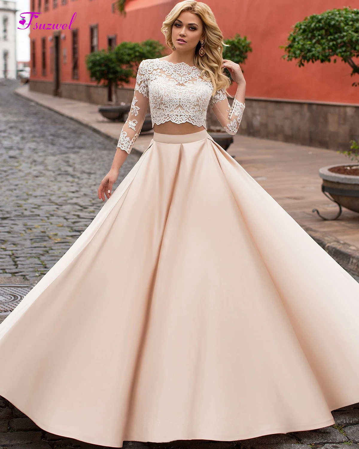 

Fsuzwel Romantic Scoop Neck Button Two-piece A-Line Wedding Dresses 2020 Three Quarter Sleeves Appliques Bridal Gown Plus Size