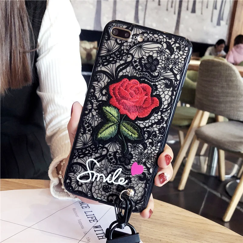 

Lace Rose Flower Floral Emboss Case for Iphone X 8 7 6 6S Plus SE 5 5S Hand Strap Long Lanyard String Lady Girl Cover