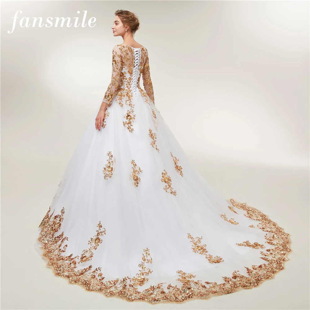 

Fansmile Long Sleeve Golden Lace Vestido De Noiva Wedding Dresses 2019 Train Custom-made Plus Size Bridal Wedding Gowns FSM-404T