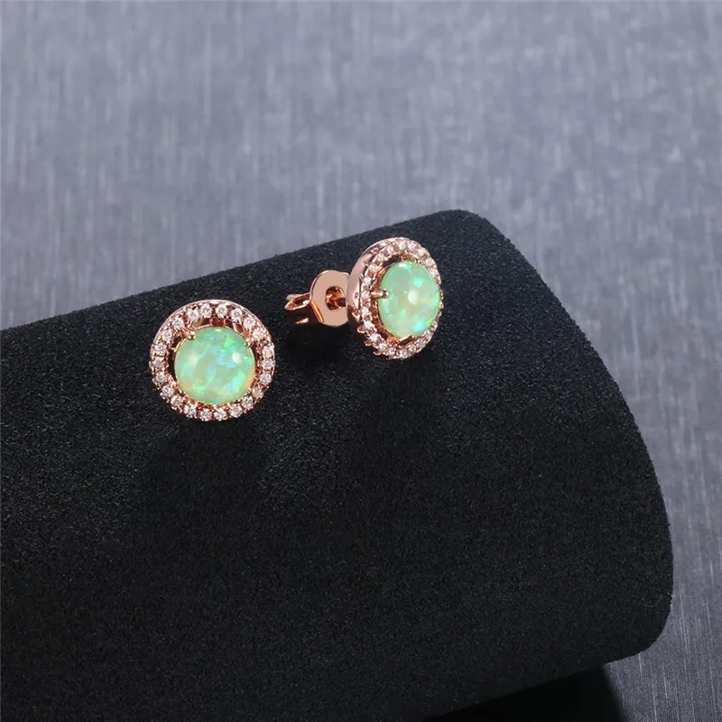 Female Round Cubic Zirconia Stud Earrings Opal Earrings For Women Rose Gold Color Fashion Jewelry C35