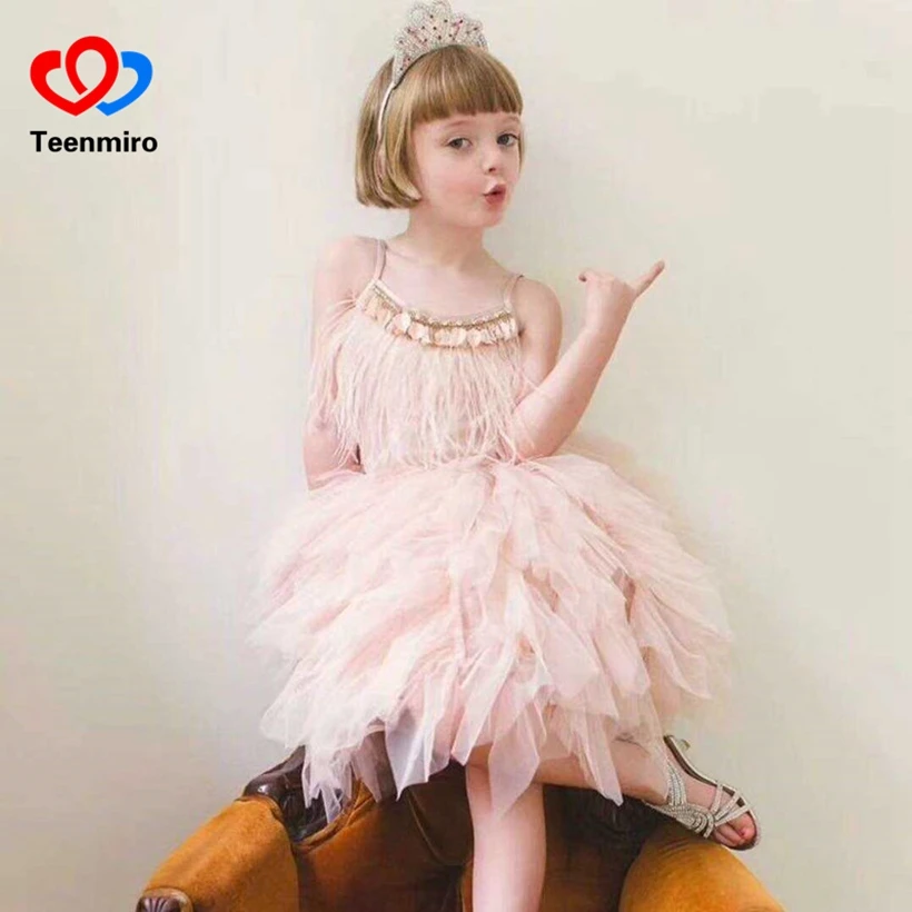 

New Handmade Princess Dresses for Girls Summer Swan Feather Drill Sequins Pearl Dress Girls Birthday Wedding Performance Costume