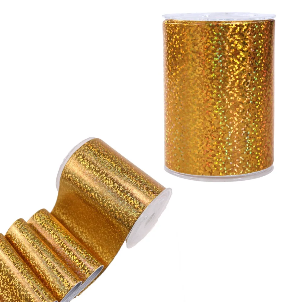 

200yards 75mm solid foil gold hologram laser grosgrain ribbon