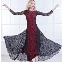 Современное танцевальное платье для девочек, кружевное бальное платье для взрослых, танцевальные костюмы для девочек, комбинированное современное танцевальное кружевное платье с круглым вырезом и полурукавом, D-0124