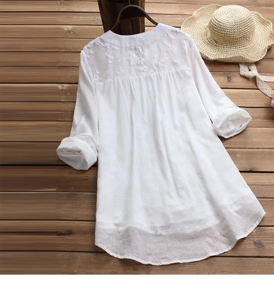 Embroidery Women's White Blouse Casual Plus Size Tops Elegant V-Neck Long Sleeve Tunic Summer Autumn Floral Print Women's Shirt