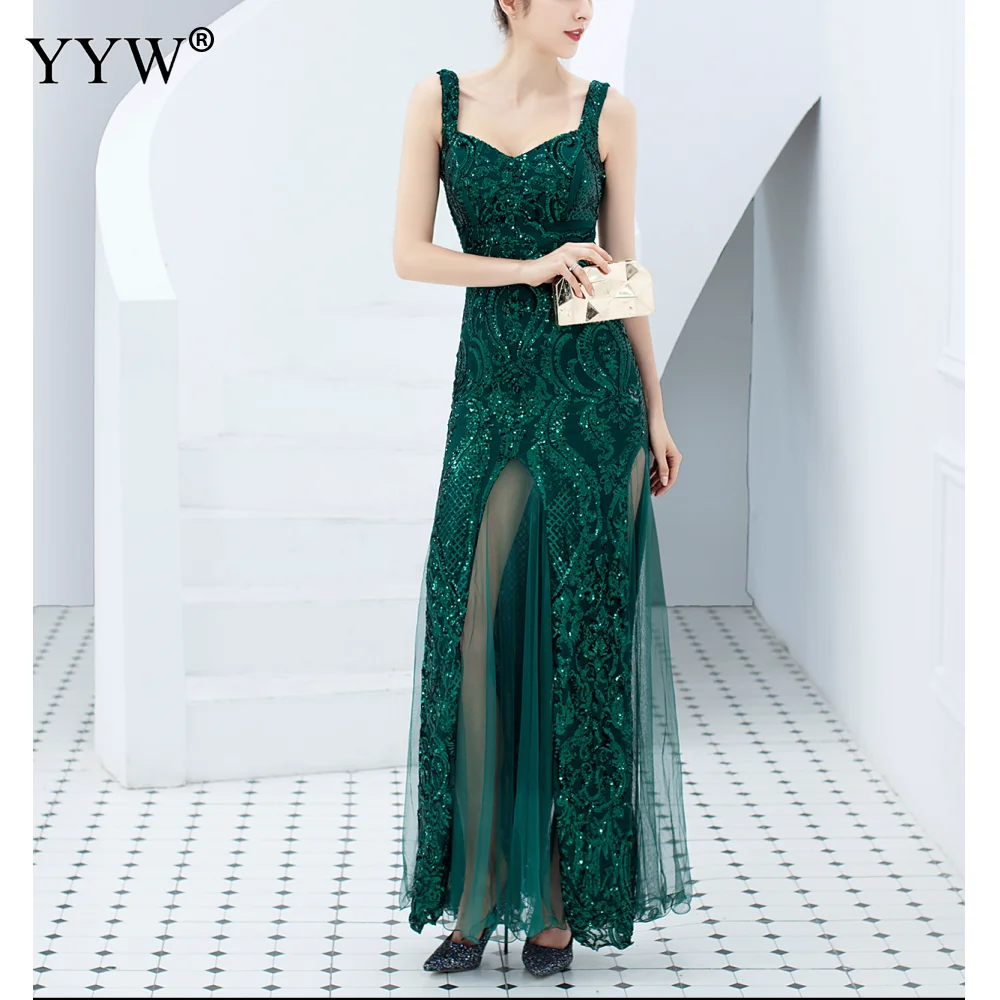 Green Sequined Summer Long Party Dress Spaghetti Strap Sexy Evening Gowns Women Sequin Mesh Patchwork Elegant Club Dresses