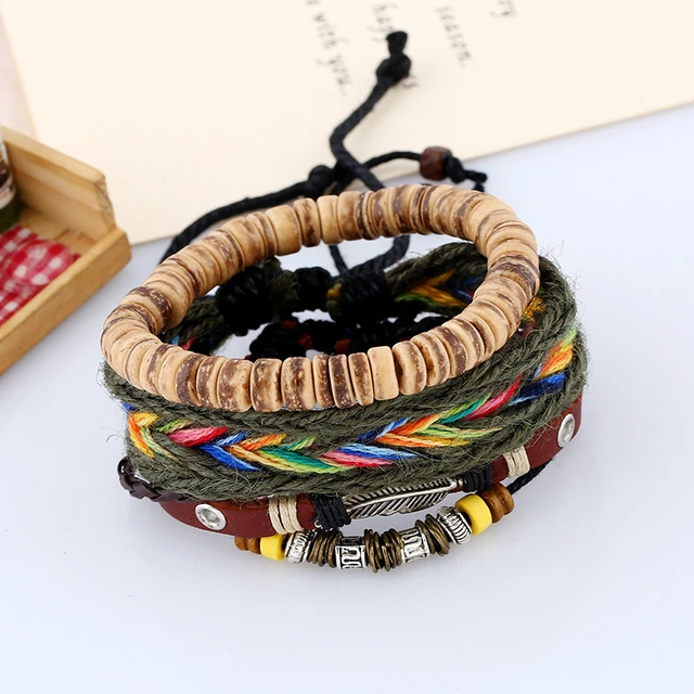 Coconut Wood Wrap Bracelets Set, Leather Wrap Bracelets Set