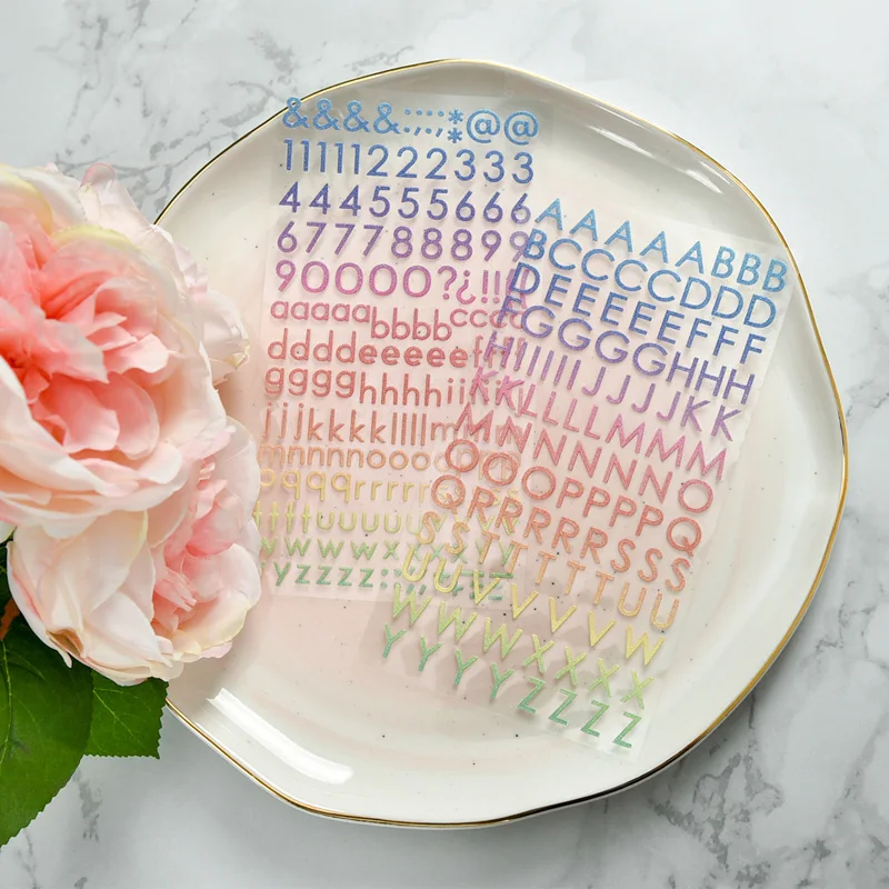 

2pcs Gold powder rainbow color letter gradient alphabet number cute date Decorative Sticker DIY Scrapbooking Label Diary Sticker