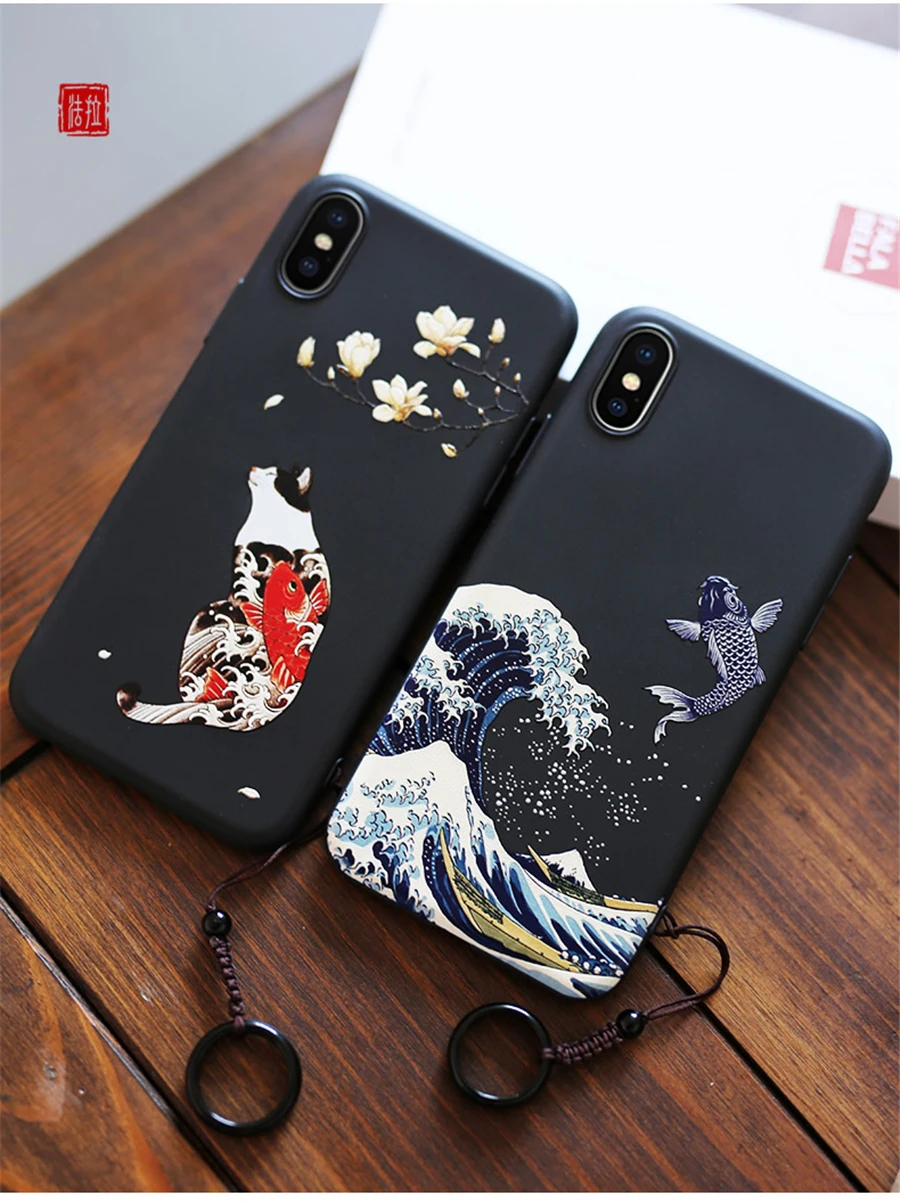 

2019 Great Emboss Phone Case For Iphone7 7 Plus cover Kanagawa Waves Carp Cranes 3D Giant relief Case For Iphone8 8 Plus