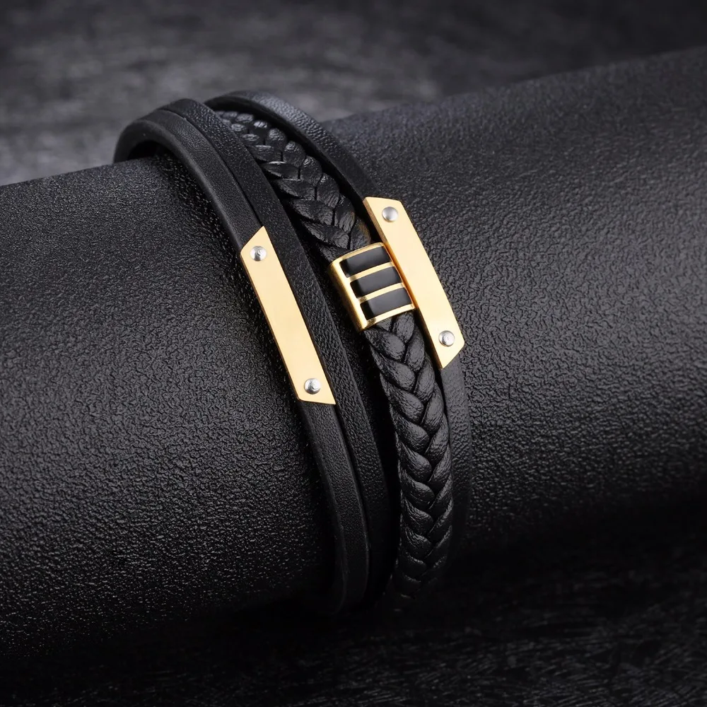 FATE LOVE Punk Male Men Statement Wrap Bracelet Bangles Black Leather Wristlet with Stainless Steel Charm Fashion Jewelry