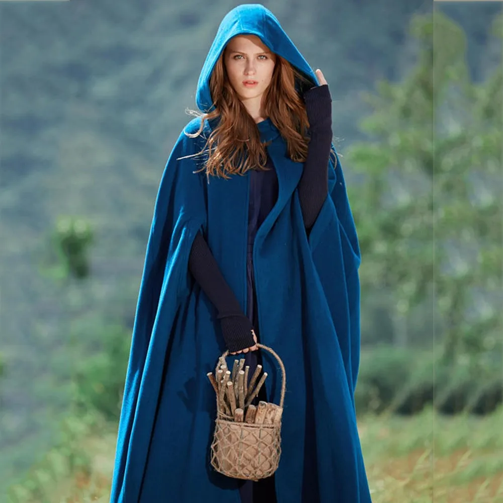 Women Vintage Woolen Capes Winter Hooded Warm Simple Casual Solid Blue ...