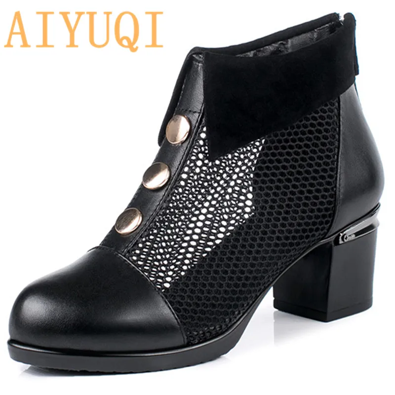 

AIYUQI Women's summer genuine leather sandals 2019 spring new high-heeled women mesh shoes, fashion dress sandals women size 43