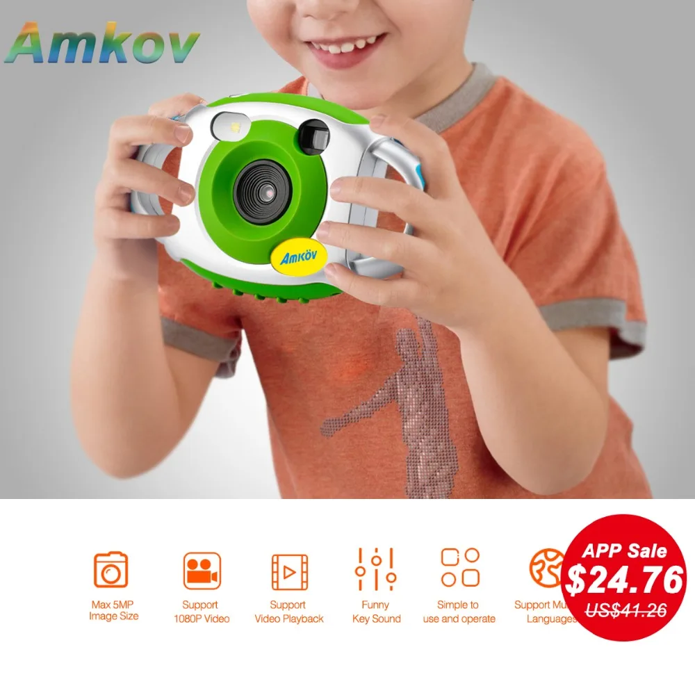 

AMKOV 5MP HD Mini Kids Camera Portable Cute Kid Creativity Neck Children Camera Photography Support Video Recording 32GB SD Card