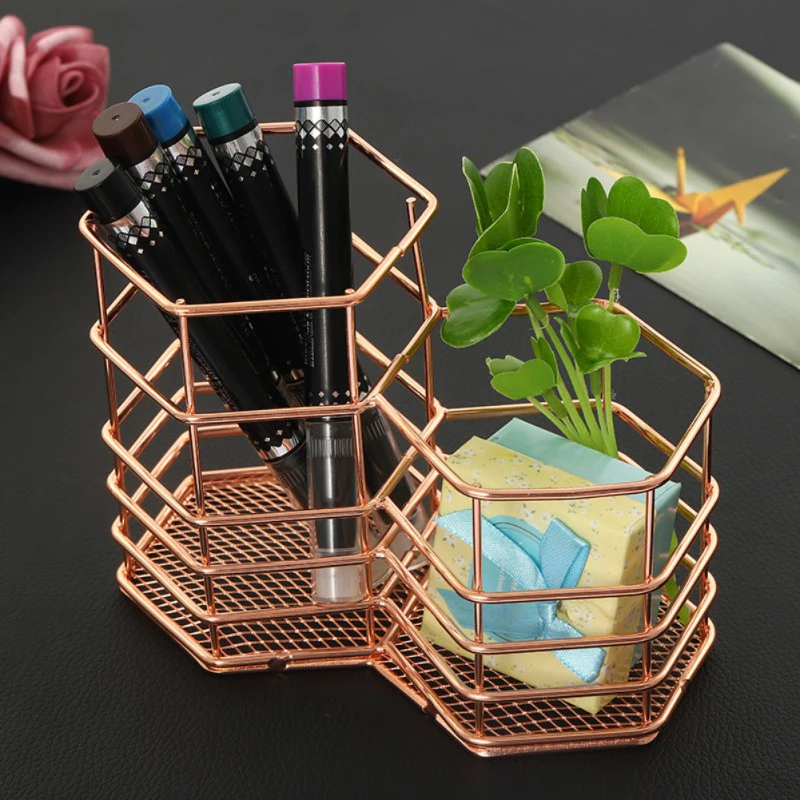 

Nordic Gold Wrought Iron Storage Basket Rose Gold Office Desktop Simple Tableware Storage Holder