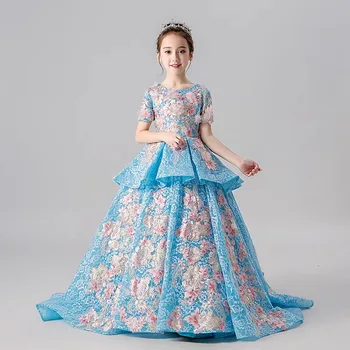 

Luxury Elegant Children Girls Embroidery Flowers Evening Party Model Catwalk Host Long Tail Dress Birthday Party Costume Dress