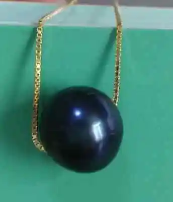 

12-13 mm round genuine Tahitian black pearl pendant 18 " 925 silver