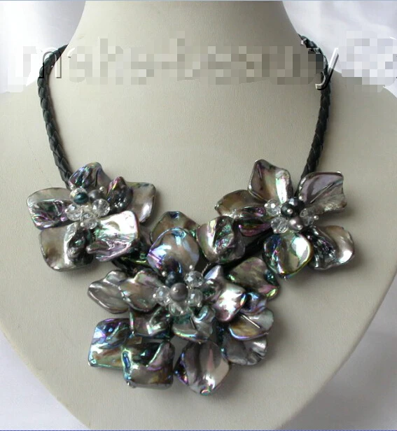 

classic baroque freshwater cultured pearl shell flower leather necklace s1559^^^@^Noble style Natural Fine jewe FREE SHIPPING