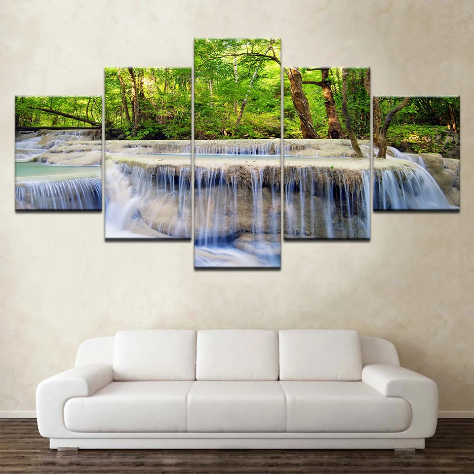 Large-Peaceful-Waterfall-5-Panels-Modular-Modern-Canvas-Print-Artwork-Landscape-Pictures-Photo-Paintings-on-Canvas