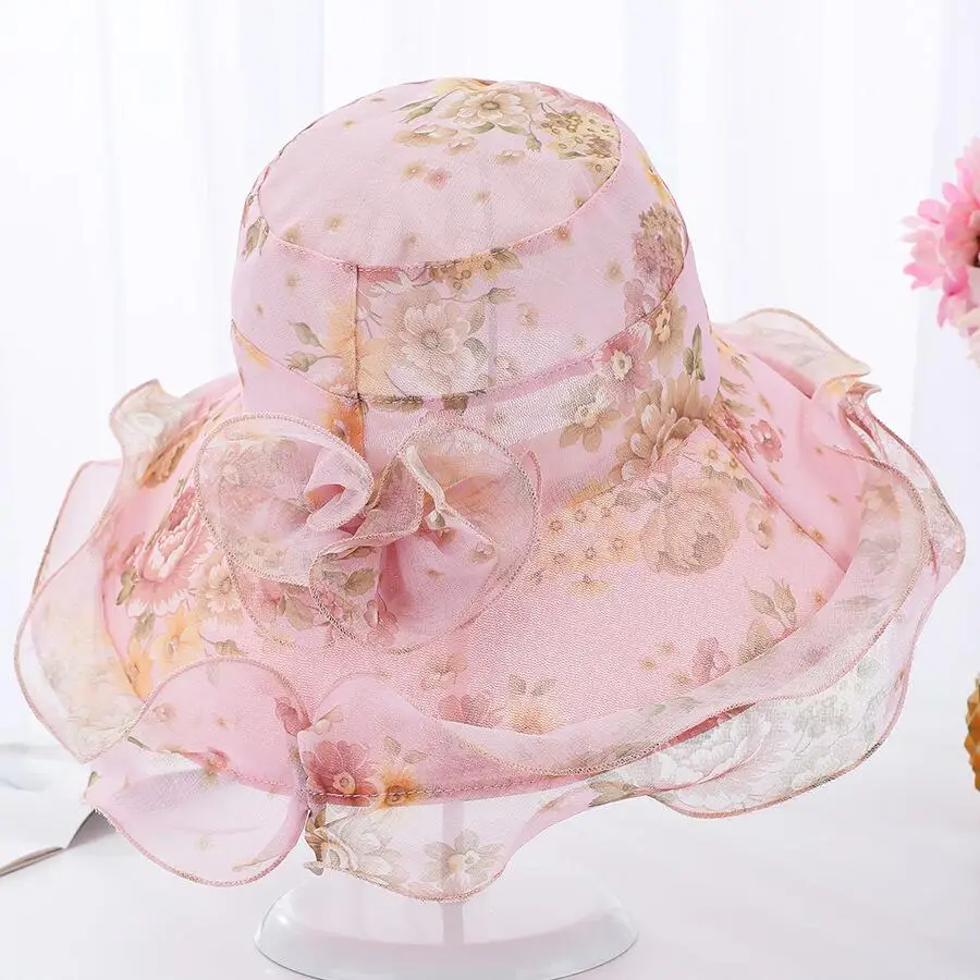 أنيقة الصيف قبعات للحماية من الشمس للنساء الشاي حزب الأورجانزا الأزهار شاطئ قبعة واسعة حافة السيدات الكنيسة اللباس كنتاكي ديربي فيدورا