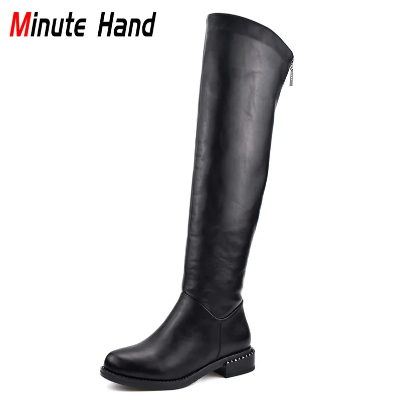 

Minute Hand Autumn Winter Fashion Concise Women Over The Knee Boots Soft Low Heels Side Zip Female Thick Plush Thigh High Boots