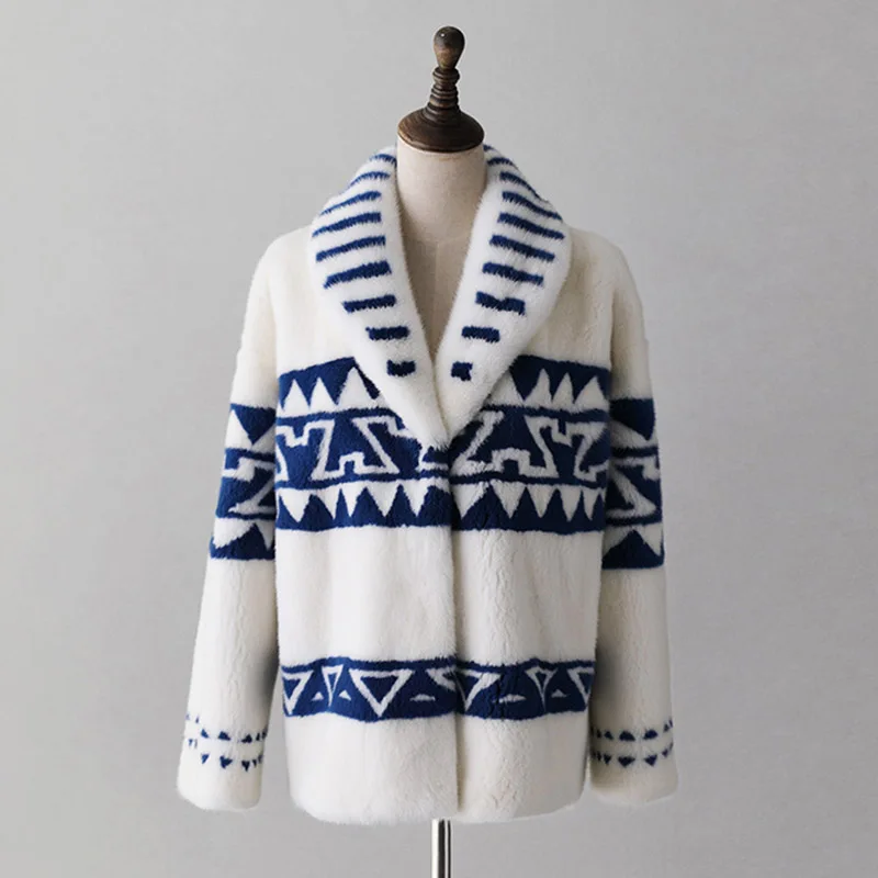  LVCHI Winter 2019 3D Print Mink Fur Coats Women's Turn-Down Collar Long Sleeve Patchwork Long Loss 