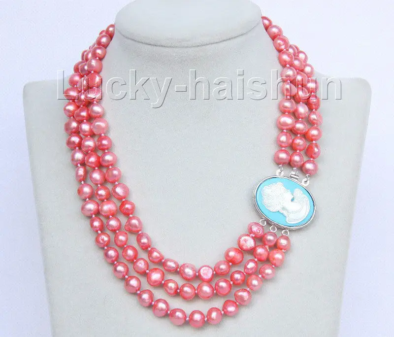 

Free Shipping>> new hot Baroque 16"-18" 3row 9mm pink-red pearls necklace seashell clasp j10081