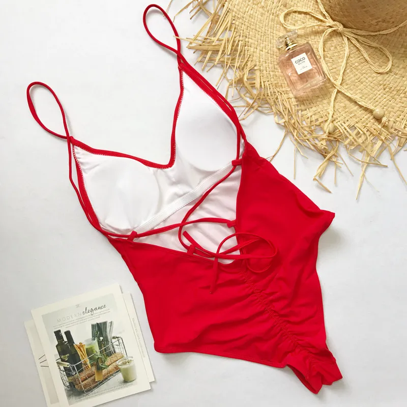 Women's Sexy Solid Bandage Swimsuit Red Display Back