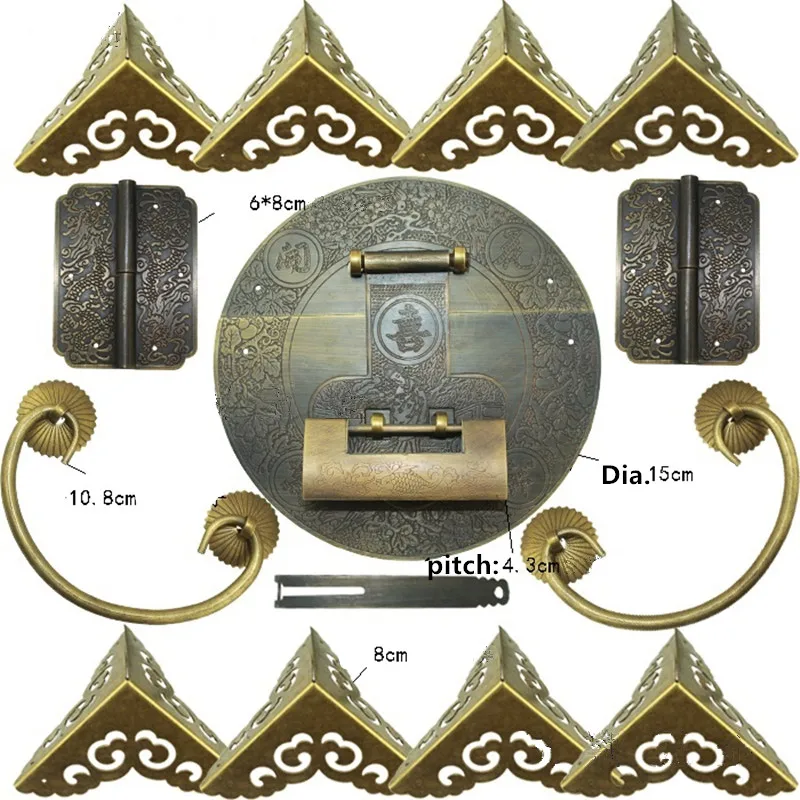 Chinese Brass Lock Set For 100-150cm Large Wooden Box Vase Buckle Hasp Latch Lock+ Hinge+Corner+Handle Bronze Tone |