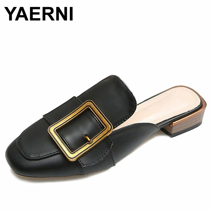 

YAERNI 2019Summer Women's Mules Large Size 41 -43 Shoes Ladies Pumps PU Leather LowHeels Mules Square ToeShoes Woman With buckle