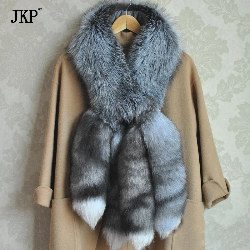 

Women Real Natural Red Fox Fur Scarf Genuine Luxury Soft silver fox fur Scarves Long Shawls WJ46