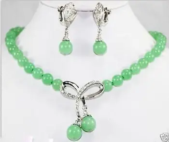 

free shipping Beautiful Jewelry Green stone Bow Pendant Necklace Earring Set