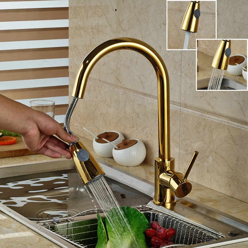 Luxury Golden Pull Out Down Kitchen Faucet Deck Munted One Handle Single Hole Dual Sprayer Nozzle