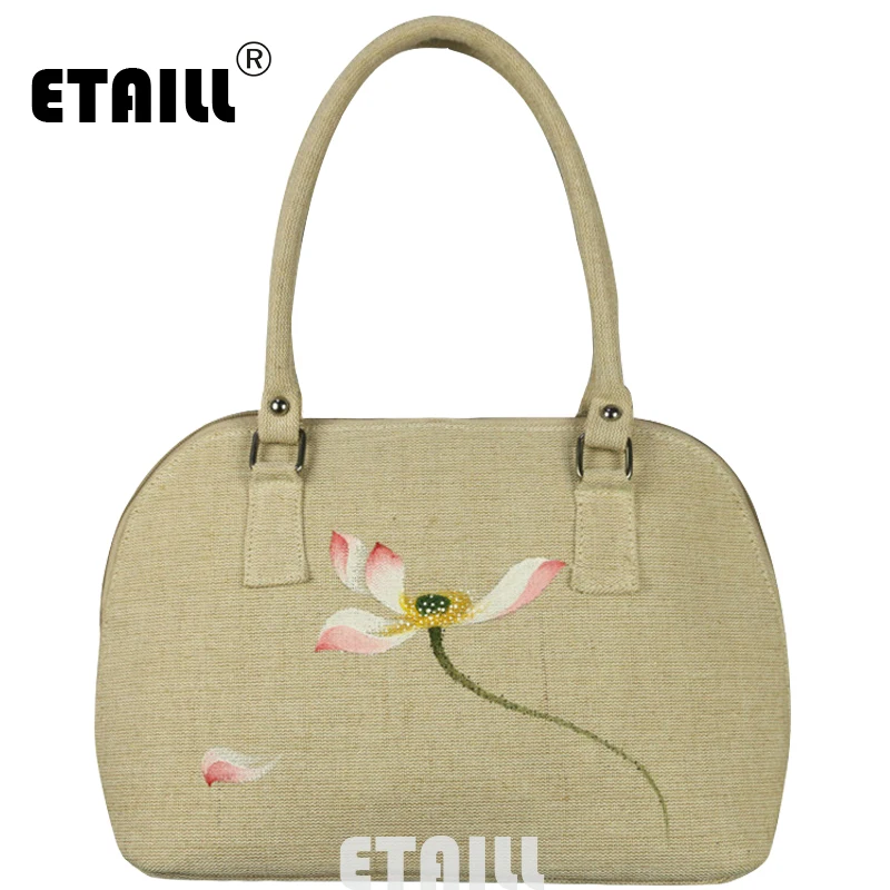 

ETAILL Lotus Hand Painted Shell Tote Bags Women Handbags Shoulder Bag For Female Designer Printing Ladies Top Handle Hand Bag