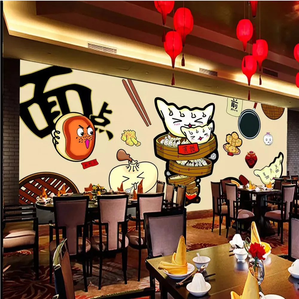 

Free Shipping Custom Wallpaper Wall Mural Chinese Early Night Dumplings Noodle Shop Background Wall Painting Decoration