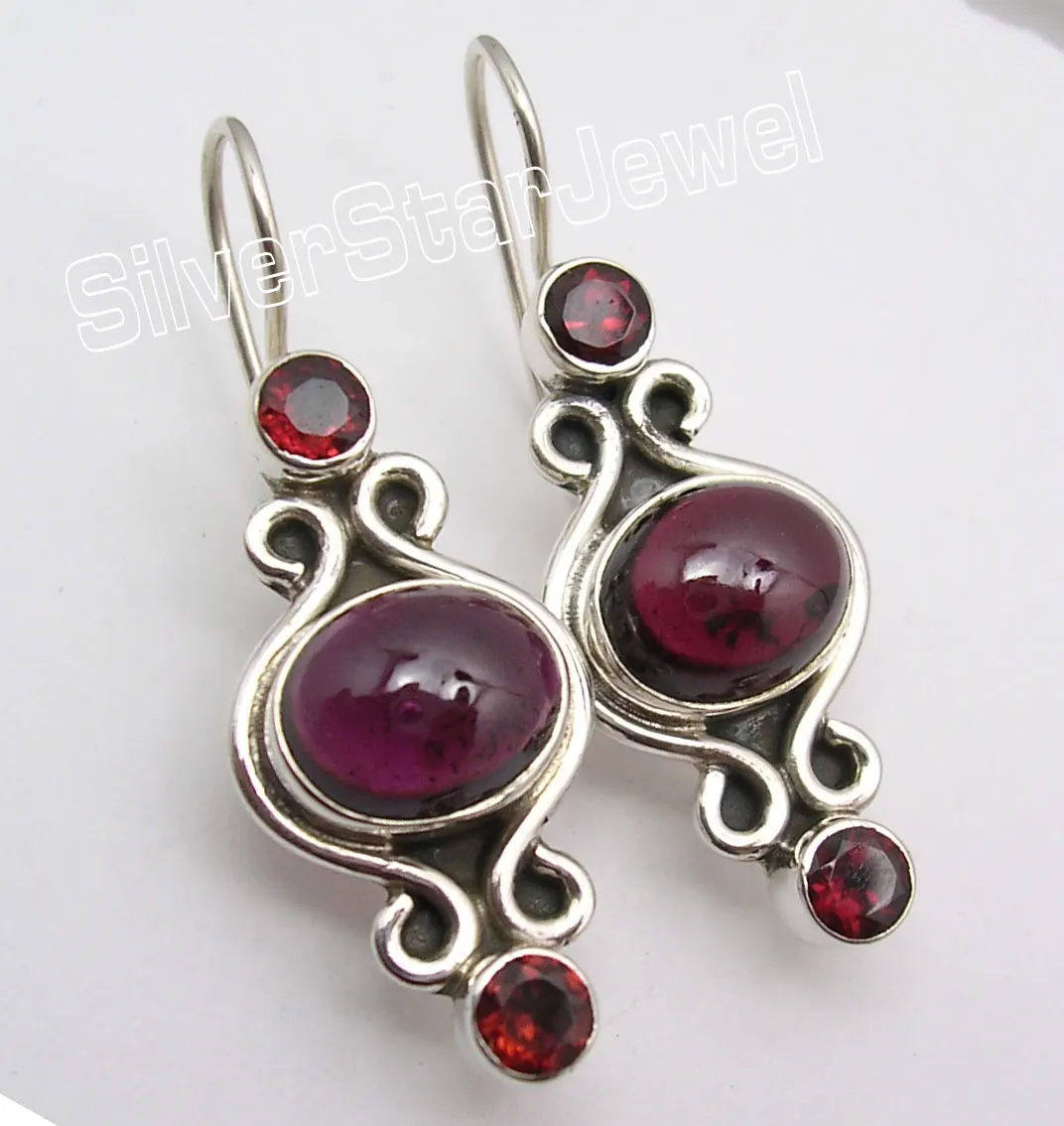 Silver Unseen RED GARNET 3 Gem Designer Lovely Dangle Earrings 3 8CM
