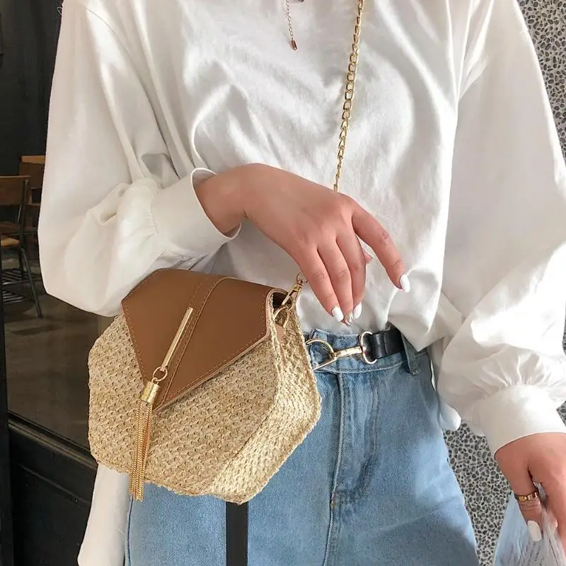 

Straw+pu Bag Handbags Hexagon Mulit Style Women Summer Rattan Bag Handmade Woven Beach Circle Bohemia Handbag 2019 New