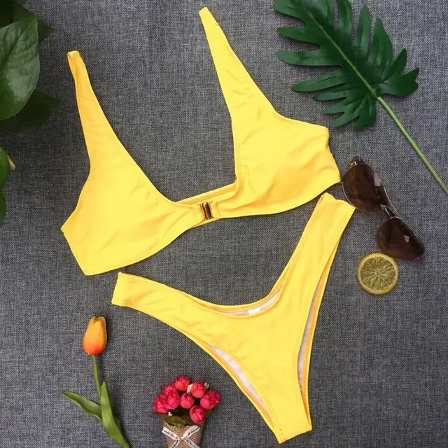 Yellow swimwear women 2018 Pure Color High Waist bikini set Gold Lock ...