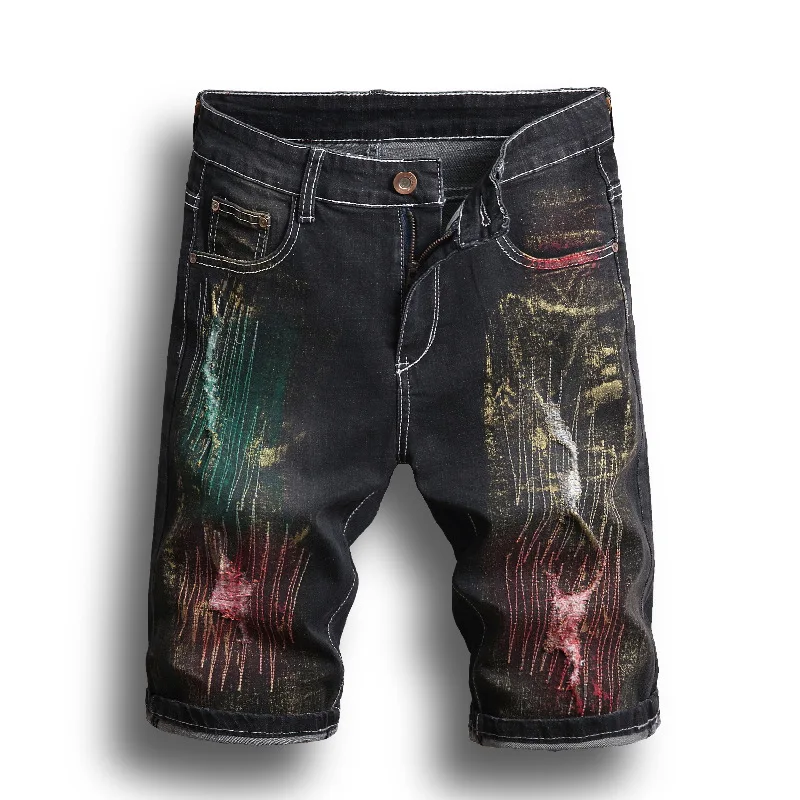 

Washed Destroyed Denim Shorts Men Dyed Colored Distressed Tide Male Jean Hip Hop Elastic Knee Length Men's Youth Fashion Shorts