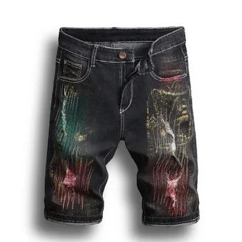

Washed Destroyed Denim Shorts Men Dyed Colored Distressed Tide Male Jean Hip Hop Elastic Knee Length Men's Youth Fashion Shorts