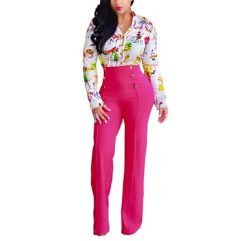 

Women Casual Stretch Trousers Elastic High Waist Decorative Buttons Loose Straight Pants